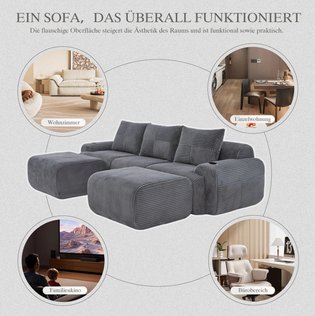 Divano modulare a 3 posti in corduroy con portabicchieri e tasca laterale; grigio scuro 268x174x66 cm
