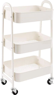 Carrello di Stoccaggio 3 Livelli in Metallo Utility, Carrello Organizzatore con Ruote per Cucina, Trucco, Bagno, Ufficio, Bianco