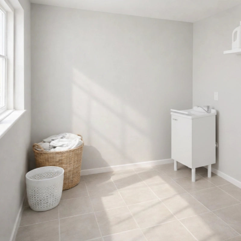 Lavatoio con mobile, lavapanni bianco in nobilitato idrofugo 60x50 cm con vasca in polipropilene e maniglie cromate  da interno  Negrari