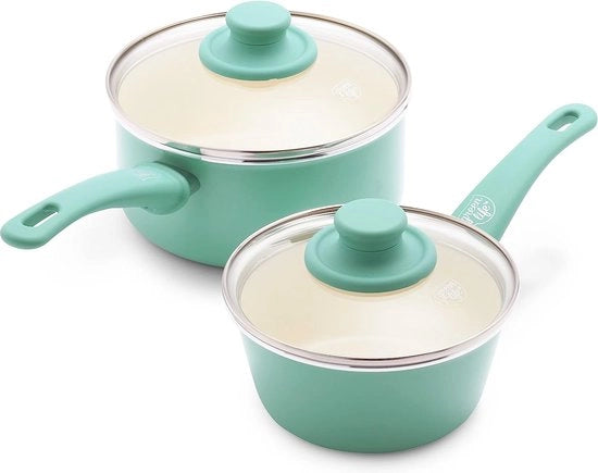 Set di pentole in acciaio con guanti morbidi, coperture (15 cm/1,1 l e 18 cm/2,1 l), rivestimento ceramico salutare, PFAS-free, lavabile in lavastoviglie, colore turquesa