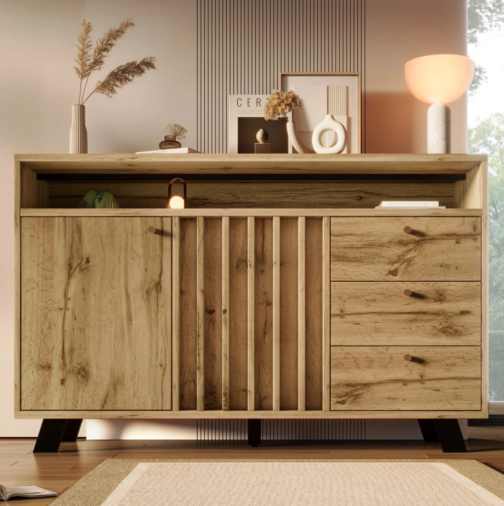 Credenza con 3 cassetti, 2 ante e vano aperto in rovere scuro