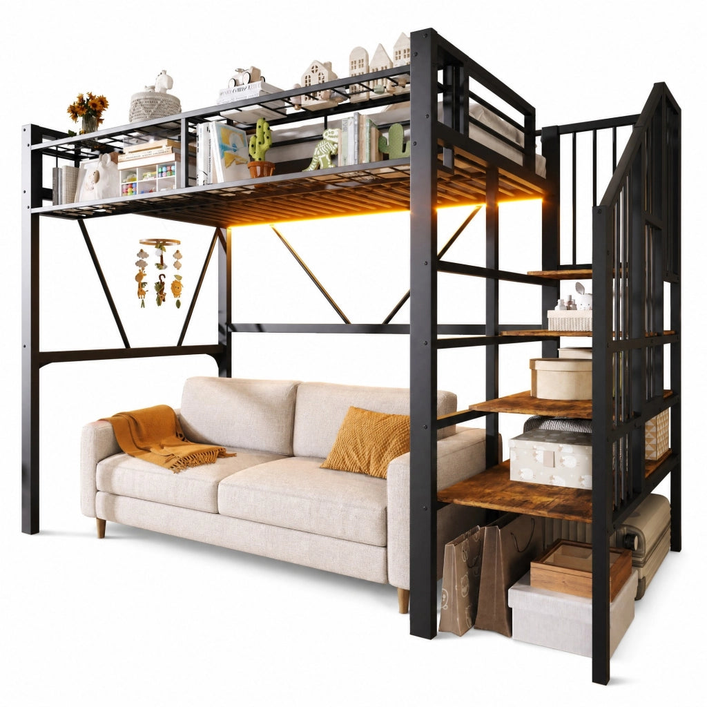 Letto a Soppalco 90x200 cm, Singolo - LED Regolabile, Ripiani - in Metallo e MDF, Nero