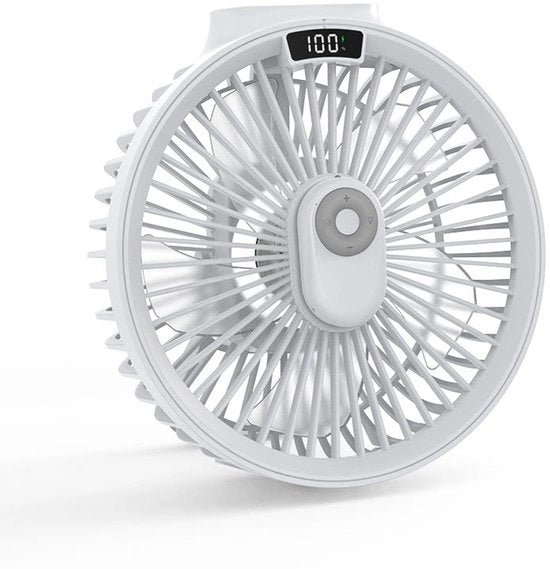 Ventilatore da tavolo bianco, ventilatore da soffitto multifunzionale con LED, ventilatore da campeggio ricaricabile con USB per esterno.