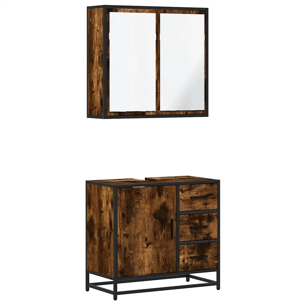 Set Mobili da Bagno 2 pz Rovere Fumo in Legno Multistrato