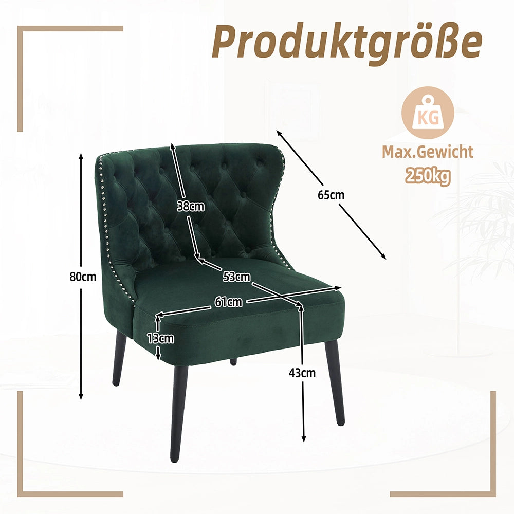 Poltrona singola in velluto con bottoni - Xylo - design moderno senza braccioli, borchia chiodata, piedi in legno