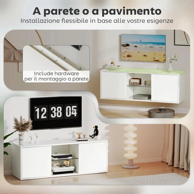 MOBILE PORTA TV FINO A 55" SOSPESO O A TERRA, ANTE SOFT CLOSE, FORO PASSACAVI E RIPIANO IN VETRO, BIANCO