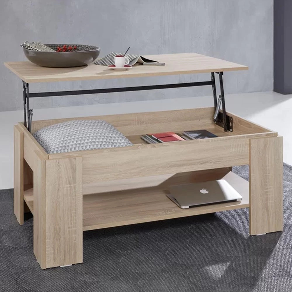 Tavolino Soggiorno con Rialzo Contenitore Tavolo Salotto Moderno Apribile Beige