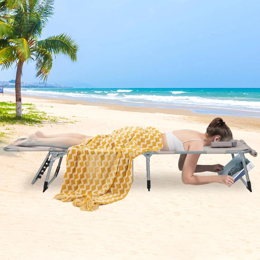 Lettino Prendisole Pieghevole Portatile, Lettino da Spiaggia con Fori per Viso e Braccia, Cuscino Poggiatesta e Tasca, Schienale Regolabile, per Mare e Piscina, Portata 180 kg (Grigio)