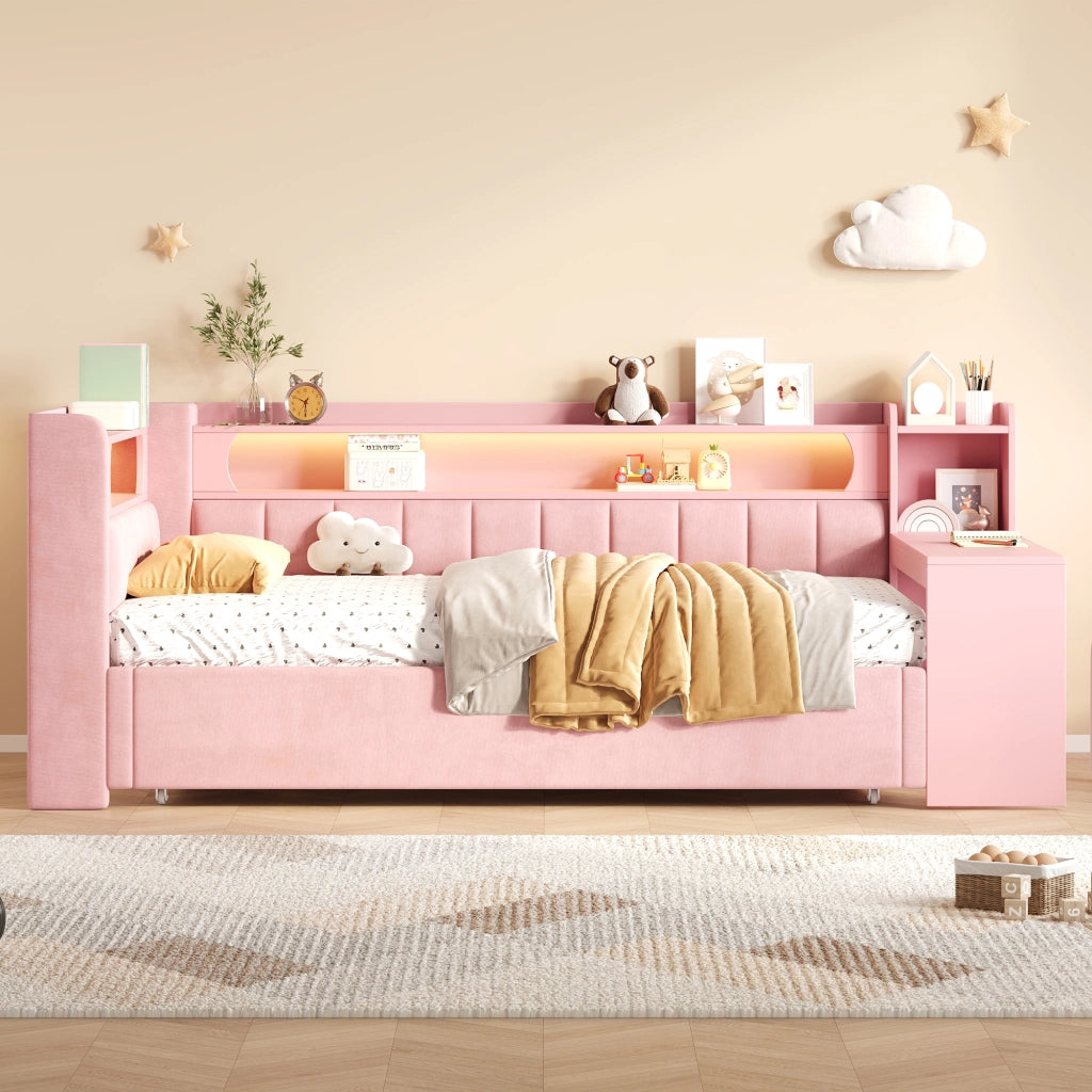 Letto singolo estraibile 90x200 cm con scrivania; LED e USB; rosa