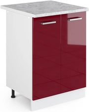 Base universale R-Line, Rosso bordeaux lucido, 60 cm con ante, con piano di lavoro, per la conservazione di utensili domestici e prodotti per la pulizia