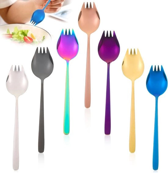 Set di 7 Spork in acciaio inossidabile 304, Spork lungo con manico, cucchiaio e forchetta 2 in 1, cucchiaio multifunzione e forchetta, cucchiaio per zuppa, cucchiaio per pasta, servizio per insalate per campeggio, uso domestico o viaggio