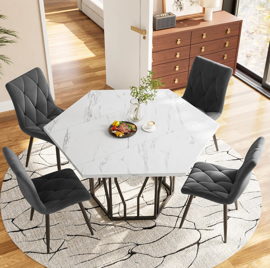 Tavolo da pranzo esagonale in MDF effetto marmo bianco e nero