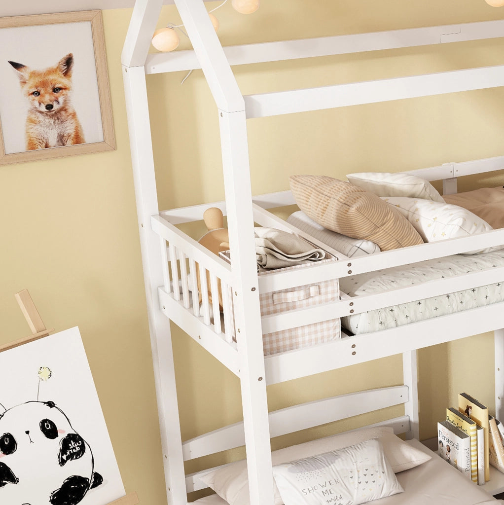 Letto a castello per bambini con scivolo, 3 posti letto e tetto bianco 90x200 cm