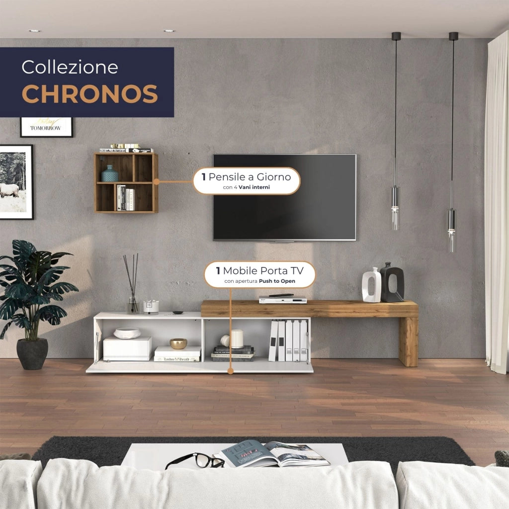 WHOUS Parete attrezzata Chronos set soggiorno bianco lucido e rovere 190/350x40 cm