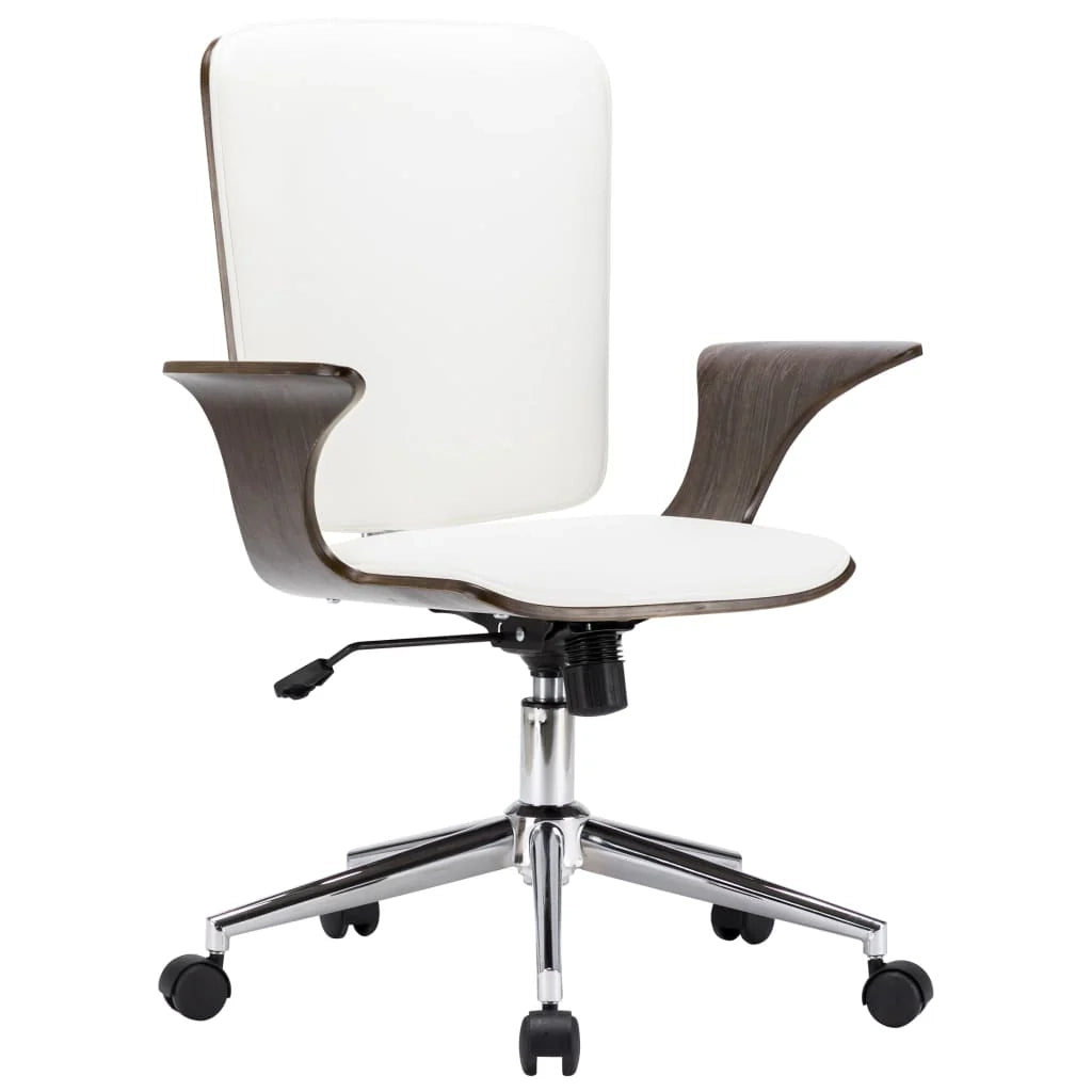 Poltroncina sedia girevole per studio ufficio computer in ecopelle e legno curvato bianco 02_0024087