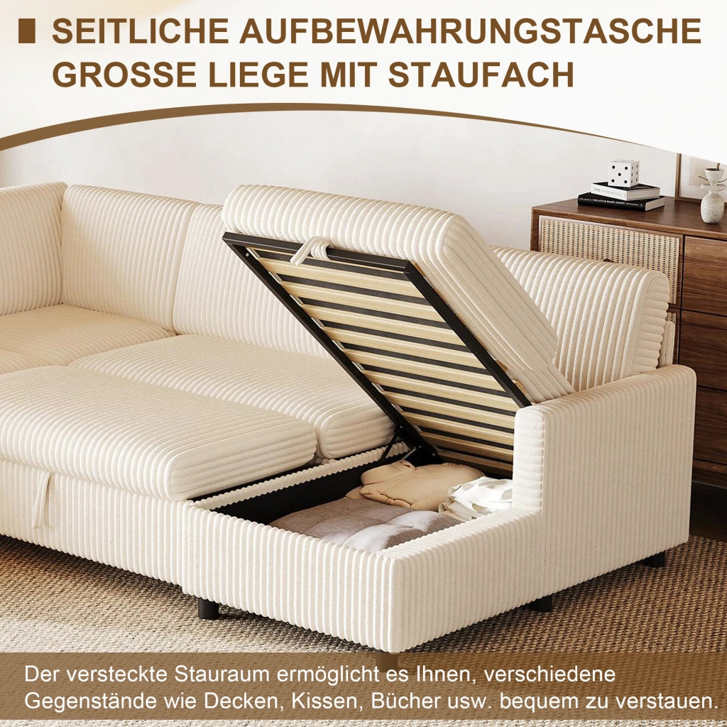 Divano a U con letto estraibile e vano contenitore in tessuto a coste beige 274 × 220 × 85 cm