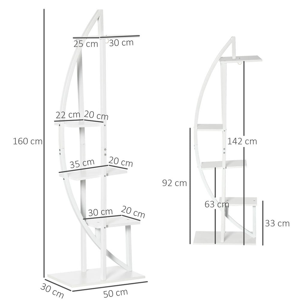 PORTAFIORI A 5 LIVELLI A MEZZALUNA PER INTERNI ED ESTERNI IN MDF E ACCIAIO, 50X30X160 CM, BIANCO