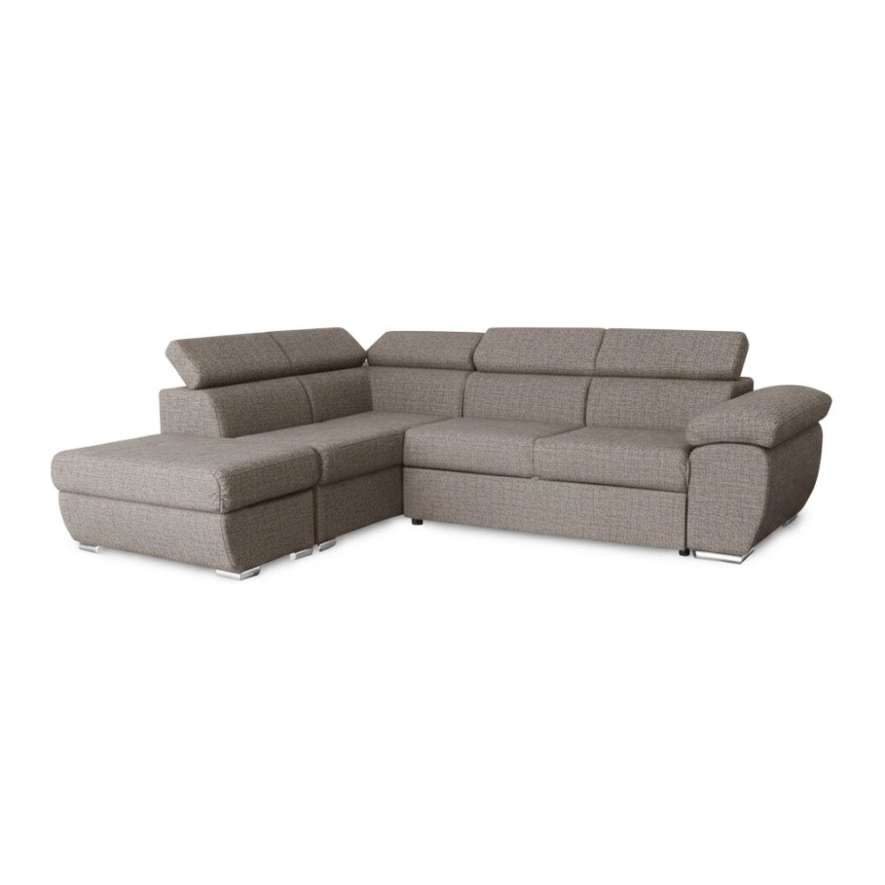 Divano Letto Angolare Fiona con Penisola Sinistra e Pouf Contenitore – Tortora