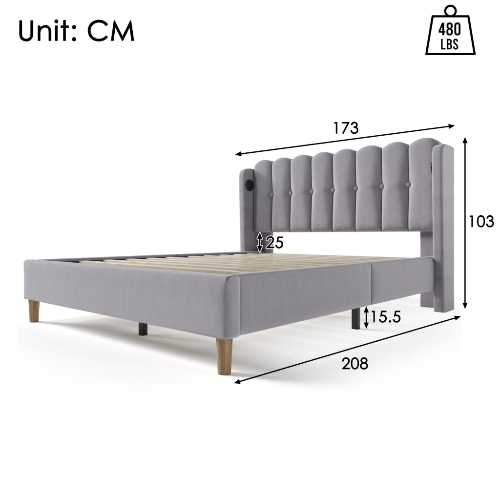 Letto imbottito 160x200 cm con ricarica USB+Type-C in lino grigio