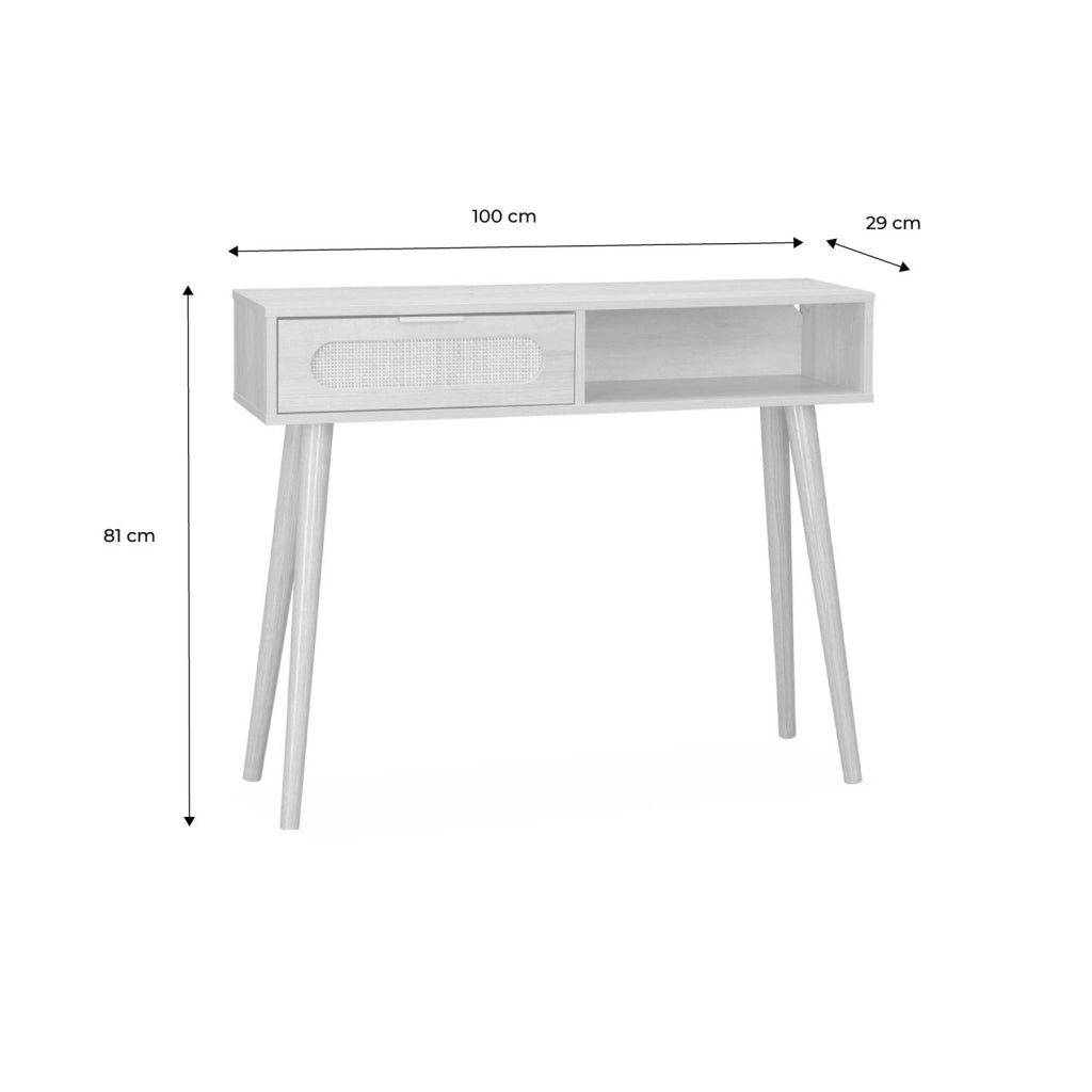 Consolle scandinava in canna e legno, 100cm, marrone naturale