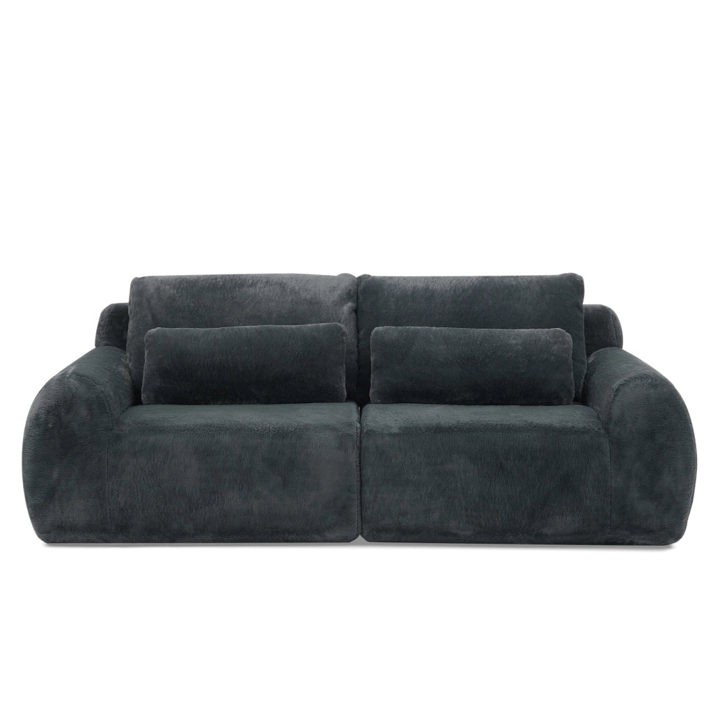 Divano a due posti compatto in tessuto effetto peluche con imbottitura elastica, USB e tasca laterale, grigio