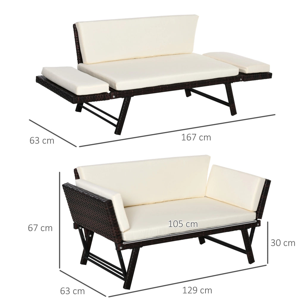 Divano da giardino in rattan marrone con braccioli reclinabili