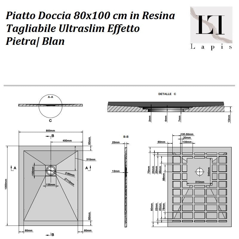 Piatto Doccia 80x100 cm in Resina Tagliabile Antracite Ultraslim