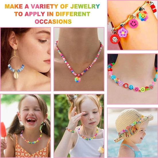 990 pezzi di pasta di polimero per perle - Perle a forma di fiori colorate per la realizzazione di bracciali - Set di stringhe con animali felici e frutta