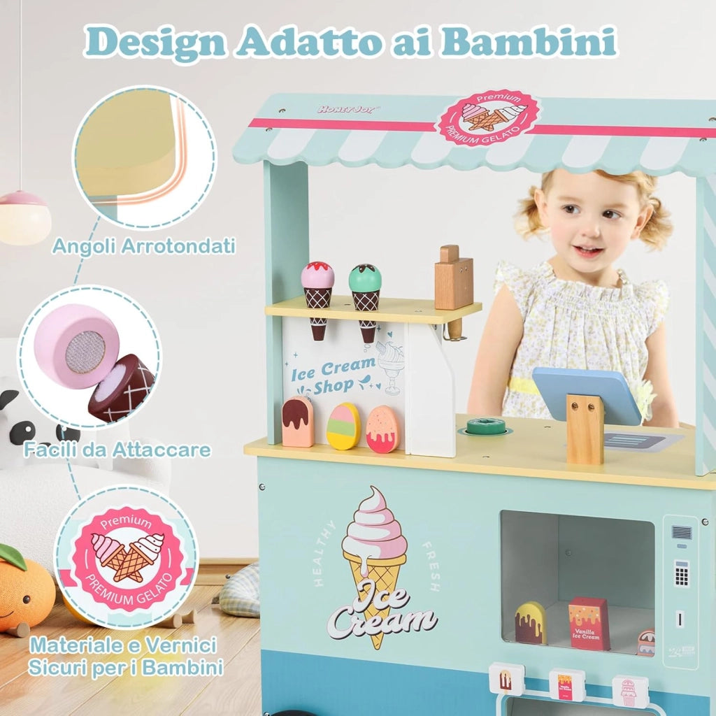 Gelateria Giocattolo per Bambini con Gelatiera, Carrelo dei Gelati in Legno con Ruote e Maniglia, Negozio di Gelati Giocattolo con Cassa e 15 Accessori, per Bambini di 3 + Anni (Verde)