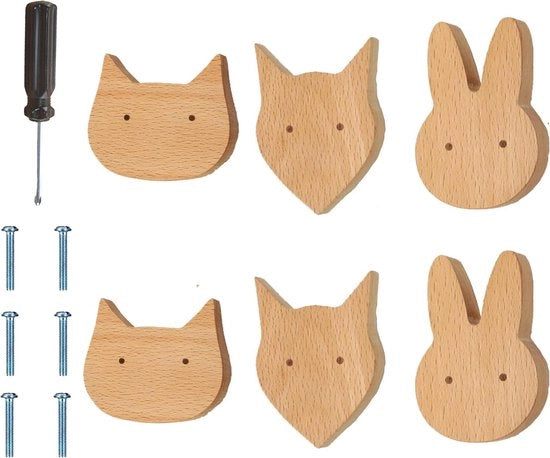 6 kastknoppen in legno con design animali - volpe gatto coniglio - per casa cucina camera da letto - maniglie di cassetto