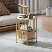 Tavolino Rotondo a 2 Piani con Ripiano di Stoccaggio e Struttura in Acciaio per Soggiorno Camera da Letto Ø41x49 cm Legno Naturale