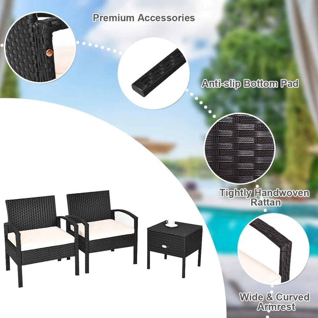Set di mobili da esterno 3 pezzi, poltrone da giardino in rattan PE e tavolino da caffè, resistenti, con cuscini morbidi rimovibili, per giardino, terrazza, bistrot