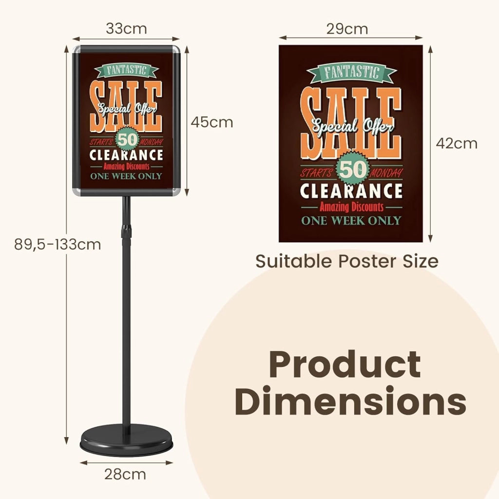 Porta poster su piedistallo A3 in alluminio, pannelli di visualizzazione rotazione a 360°, altezza regolabile 89,5-134 cm, espositore per matrimonio, ingresso ufficio (nero, 2)