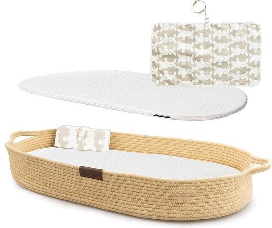 Babyluiermand con sottopiano di viaggio in espansione, cuscino di protezione in schiuma gommata e copertura impermeabile, cuscino di protezione in cotone, culla di stoffa per Moses, sistema di elevazione per comodino, decorazione boho per la nursery
