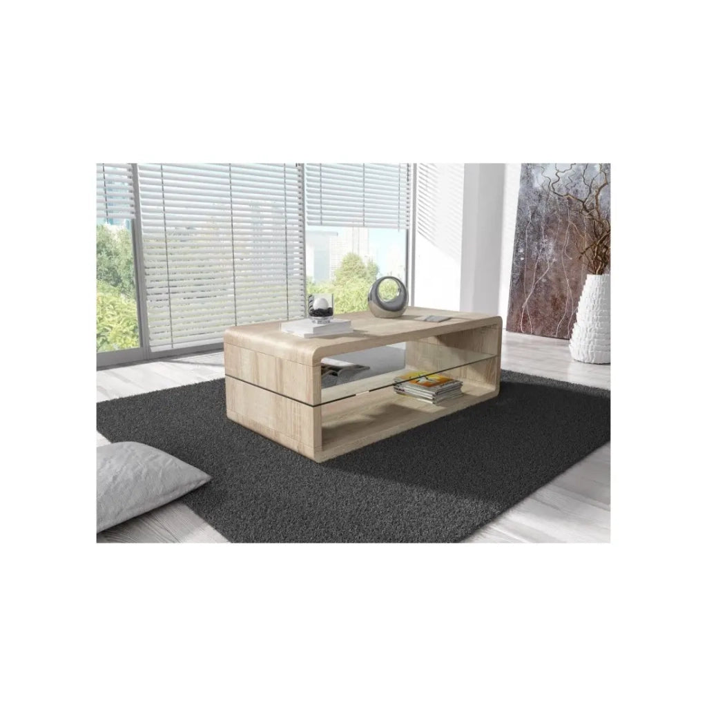 Tavolino basso LEVIS – Design contemporaneo – Color quercia – Ripiano intermedio in vetro