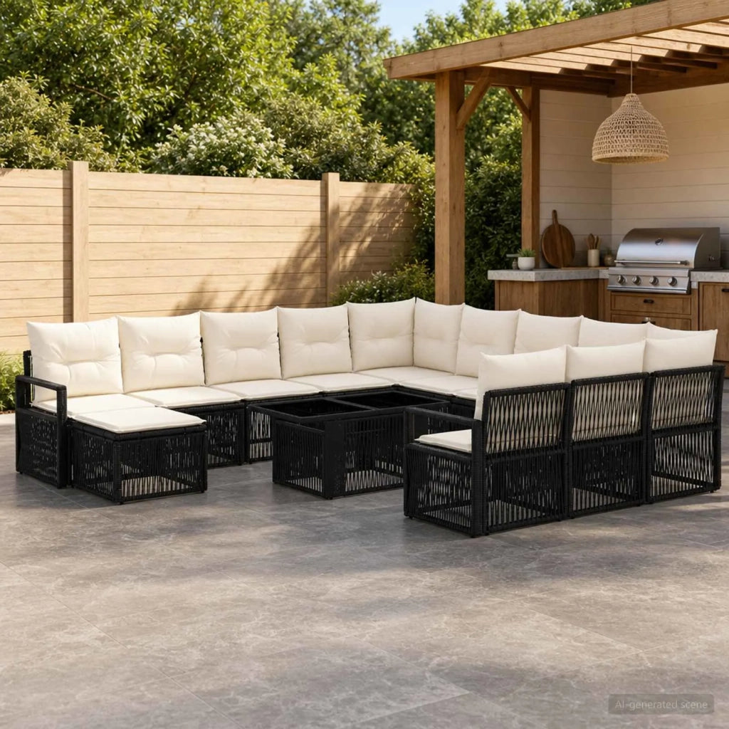 Set Divano da Giardino 13 pz Nero e Bianco Crema polyrattan 3437194