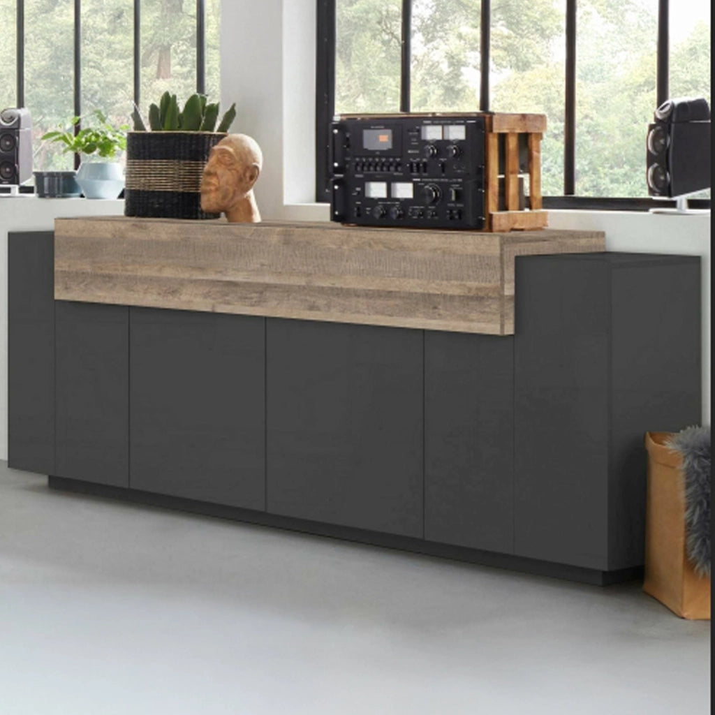 Credenza Discordia, Madia da cucina a 4 ante, Buffet da soggiorno, 100% Made in Italy, cm 220x45h86, Antracite e Acero