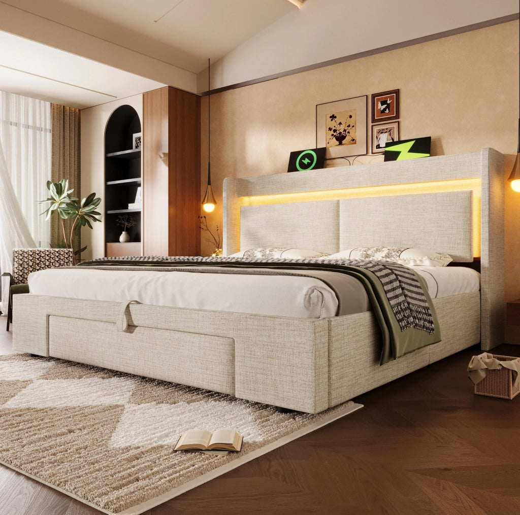 Letto imbottito 160x200 cm beige con LED, USB e vano idraulico