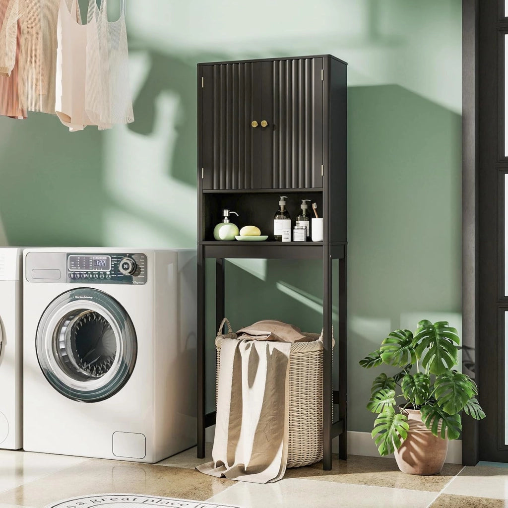 Mensola WC con ripiani regolabili, armadietto WC con 2 ante e ripiano aperto, 60 × 23 × 168 cm, salvaspazio per bagno e lavanderia (nero)