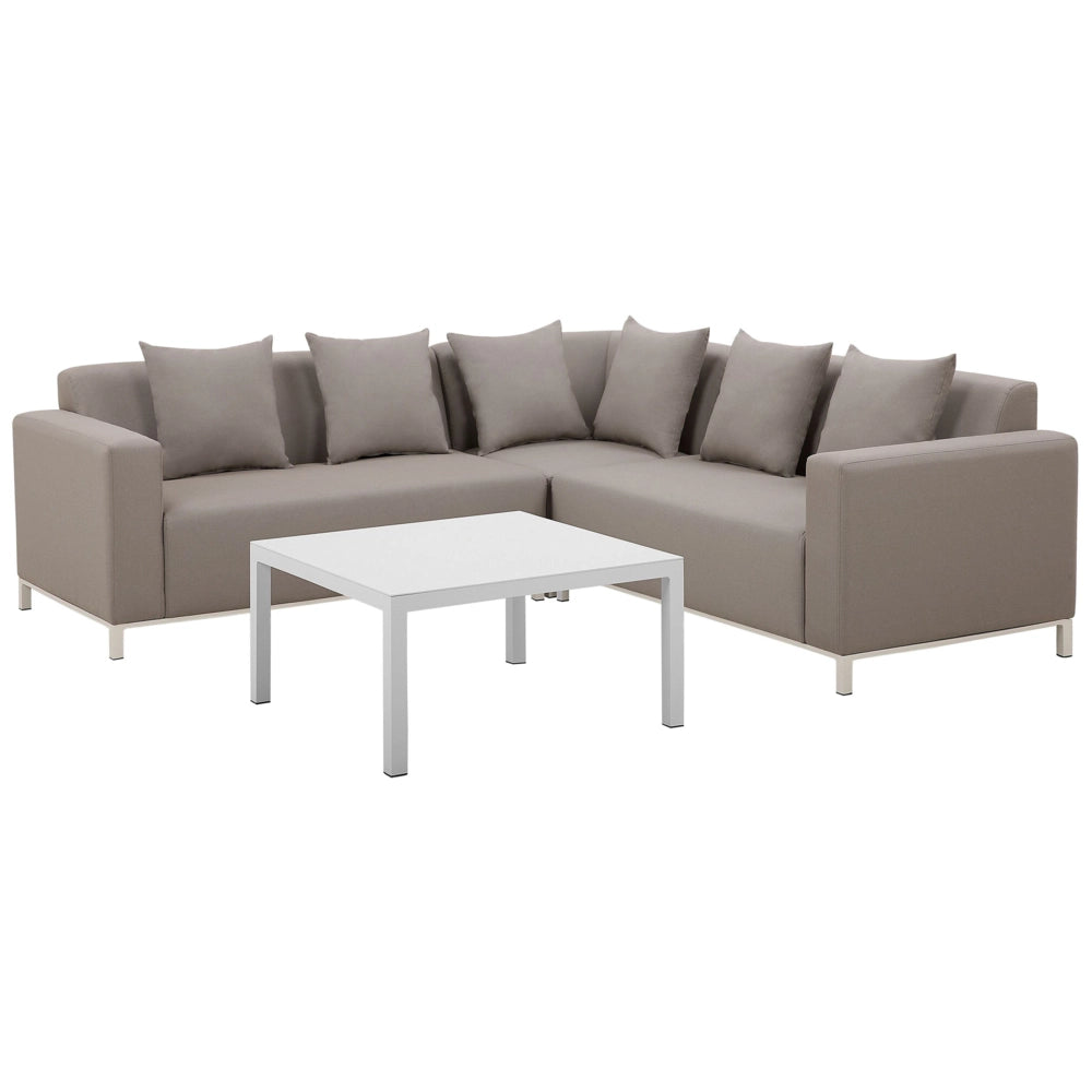 Set di 6 divani componibili per esterni con struttura in alluminio color tortora con cuscini sinistro