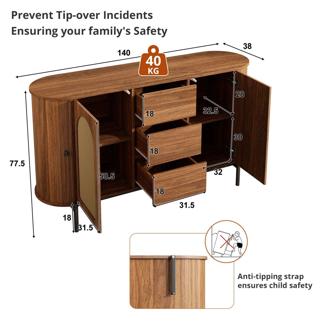 Credenza ovale con ante scorrevoli, 3 cassetti e ripiani regolabili per soggiorno, in MDF, noce, 140 × 38 × 77,5 cm