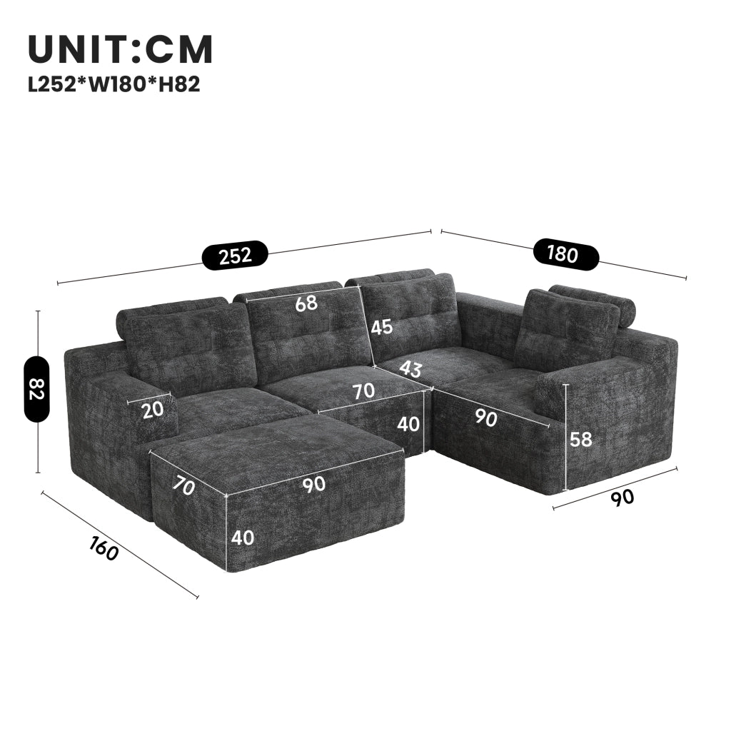 Divano panoramico a U modulare con schiuma integrale e pouf, per 5-6 posti, in chenille grigio 252 × 180 × 82 cm