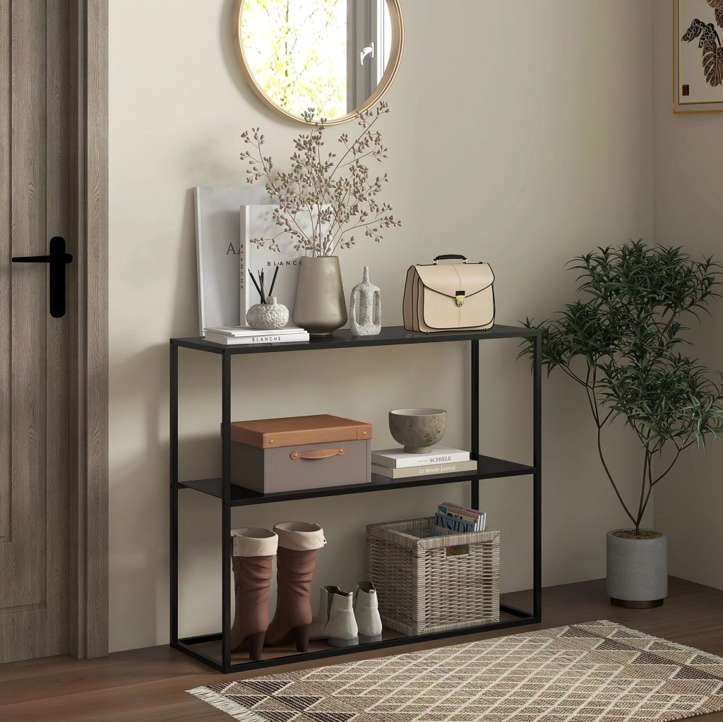 Consolle 90x30x75 cm con 2 ripiani e dispositivo antiribaltamento in acciaio nero