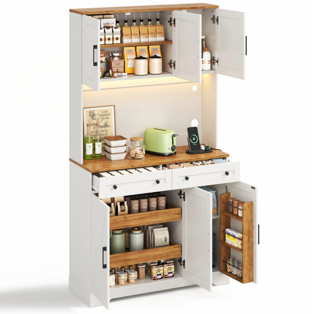 Credenza alta da cucina 100x40x180 cm in MDF naturale e bianco con LED e prese