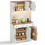 Credenza alta da cucina 100x40x180 cm in MDF naturale e bianco con LED e prese