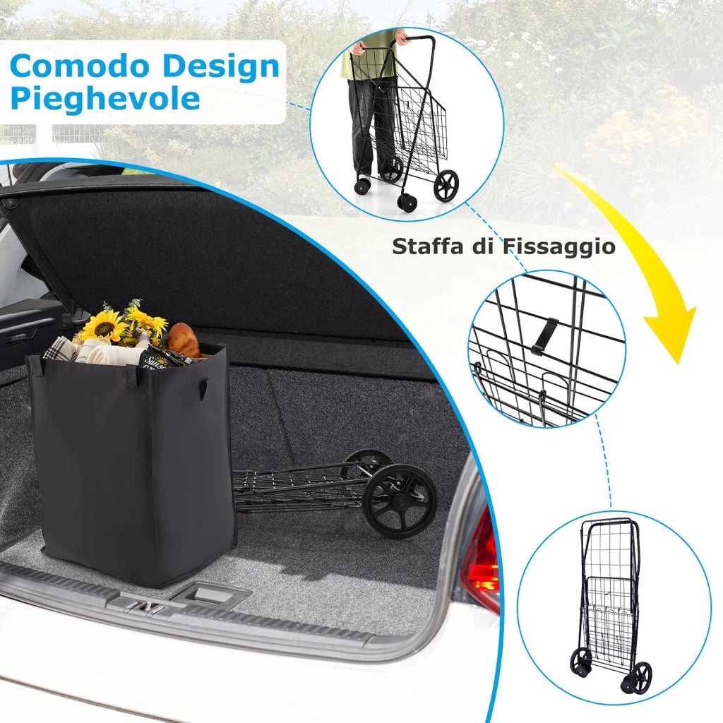 Carrello Portaspesa Pieghevole, Carrello Spesa con Ruote Girevoli a 360° e Borsa Impermeabile Removibile, Capacità di Carico 40 kg, 102L, 61 x 60 x 102 cm