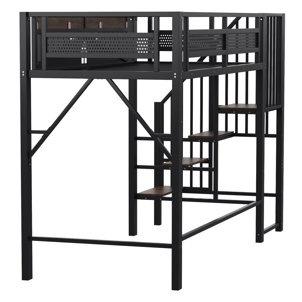 Letto a soppalco singolo 90×200 cm con scala di sicurezza e spazio sotto il letto; senza materasso; metallo; nero