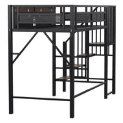 Letto a soppalco singolo 90×200 cm con scala di sicurezza e spazio sotto il letto; senza materasso; metallo; nero