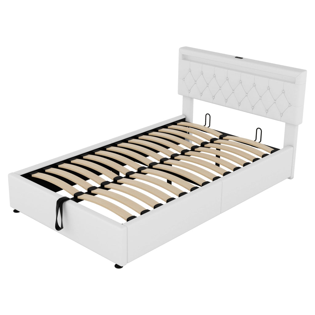 OKWISH Letto Contenitore 140×200 cm, Letto Matrimoniale con LED Regolabile, USB, Tipo C e Vano Contenitore, senza Materasso, Lino, Bianco