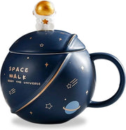 Moka ceramica spaziale, tazza da caffè con coperchio e cucchiaio, tazze personalizzate per caffè, tè e latte, regalo di mamma, regalo di compleanno per donne/bambini, 400ML (blu scuro)